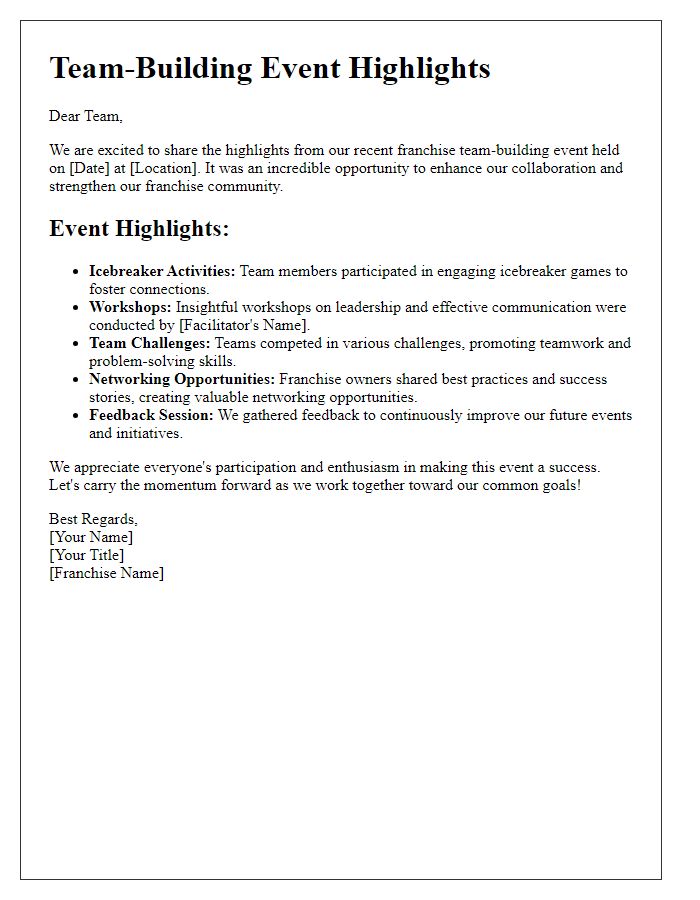 Letter template of highlights from franchise team-building event