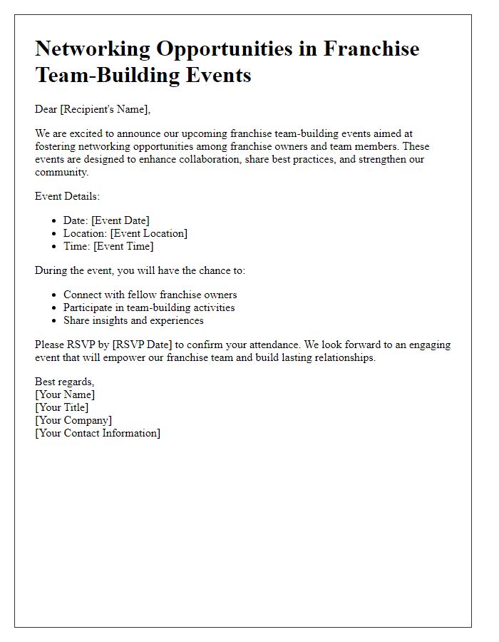 Letter template of networking opportunities in franchise team-building events