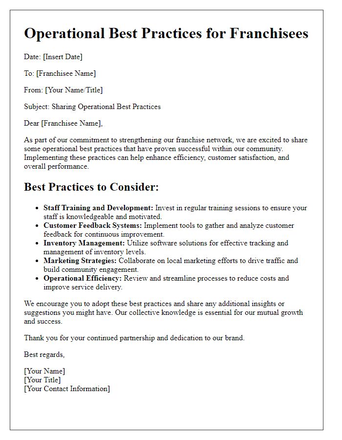 Letter template of operational best practices for franchisee sharing