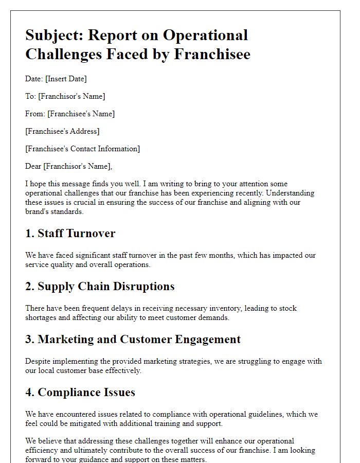 Letter template of operational challenges faced by the franchisee