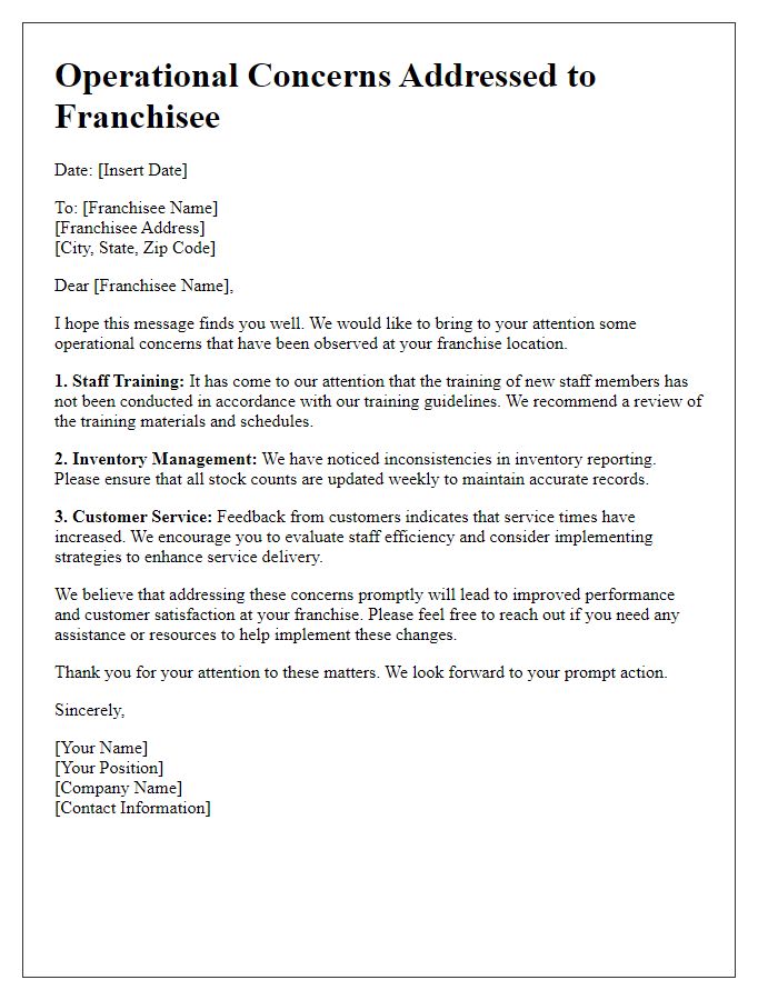 Letter template of operational concerns addressed to franchisee