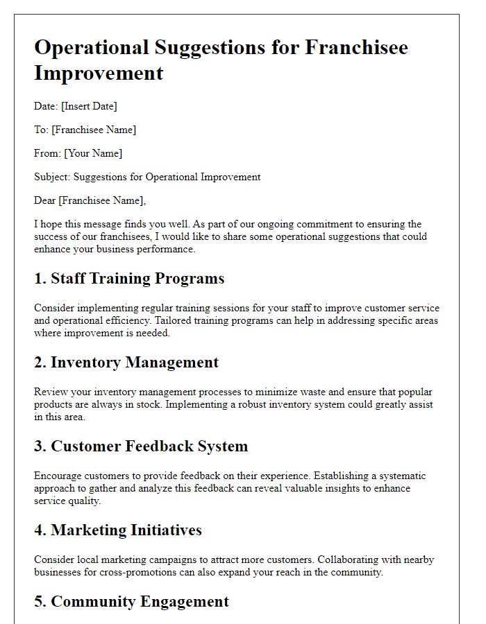 Letter template of operational suggestions for franchisee improvement