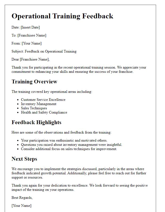 Letter template of operational training feedback for franchisee support