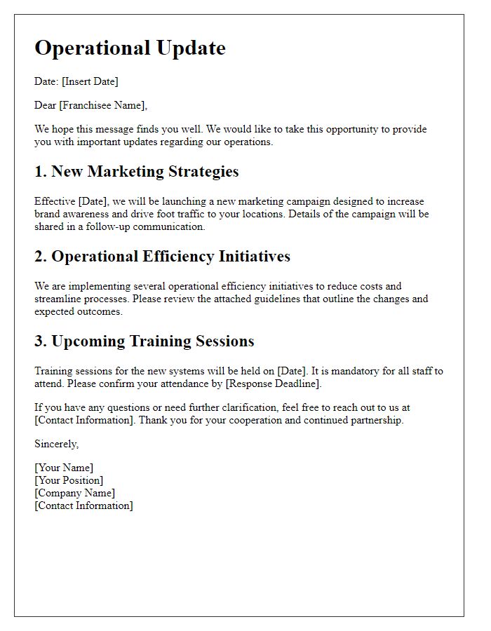 Letter template of operational updates for franchisee communication