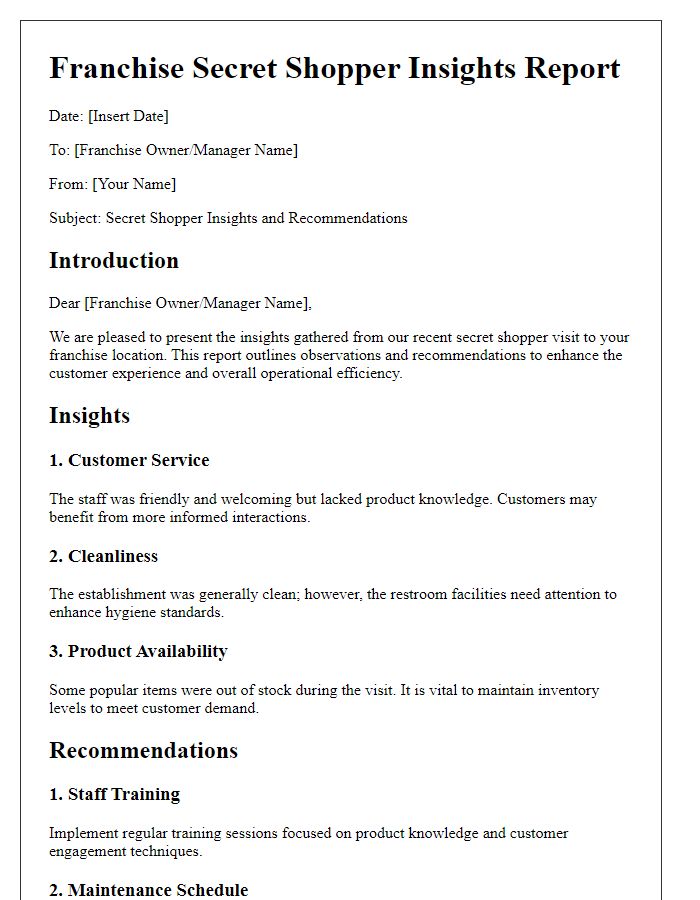 Letter template of franchise secret shopper insights and recommendations