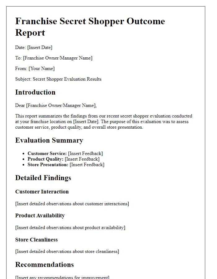 Letter template of franchise secret shopper outcome report