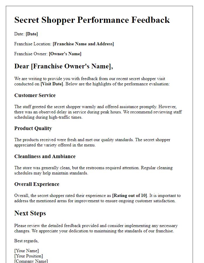 Letter template of franchise secret shopper performance feedback