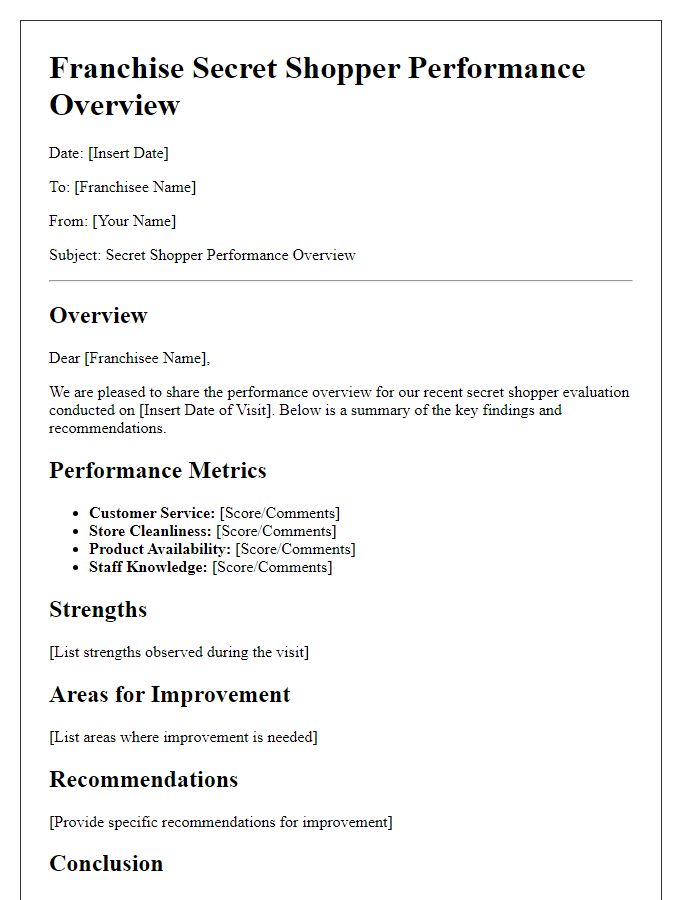 Letter template of franchise secret shopper performance overview