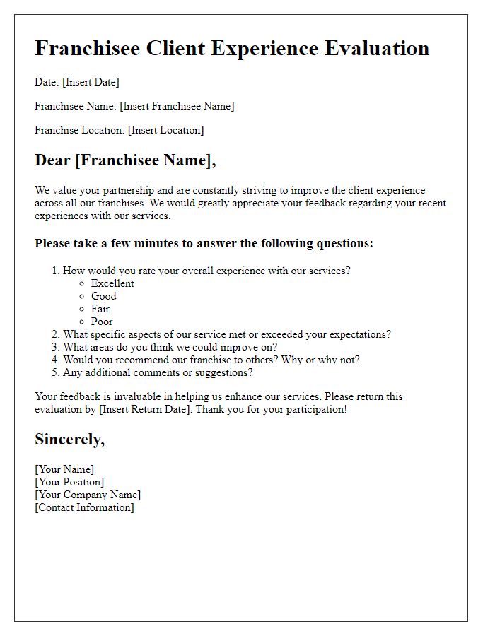 Letter template of Franchisee Client Experience Evaluation