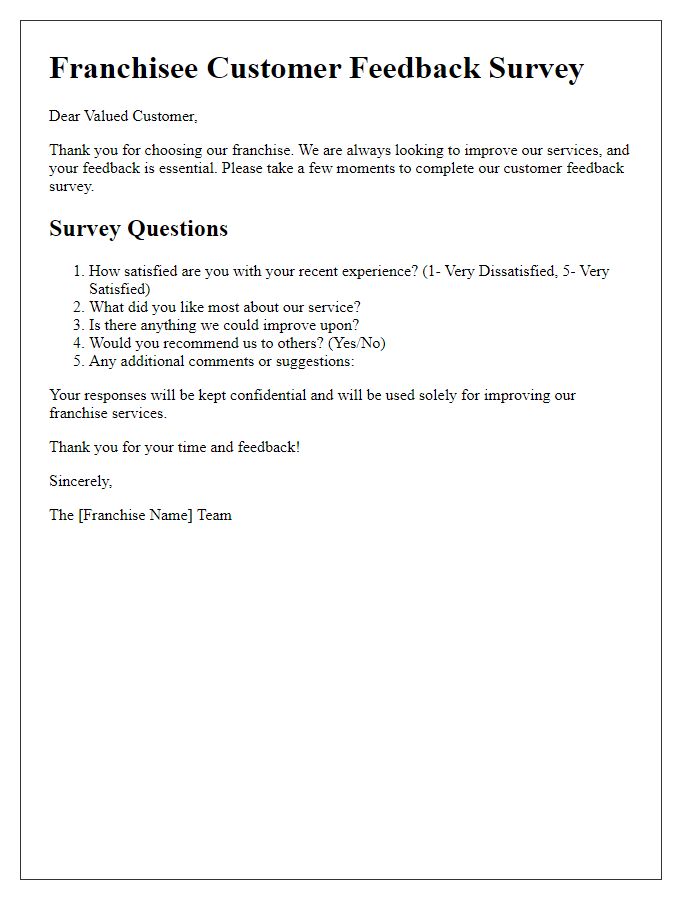 Letter template of Franchisee Customer Feedback Survey