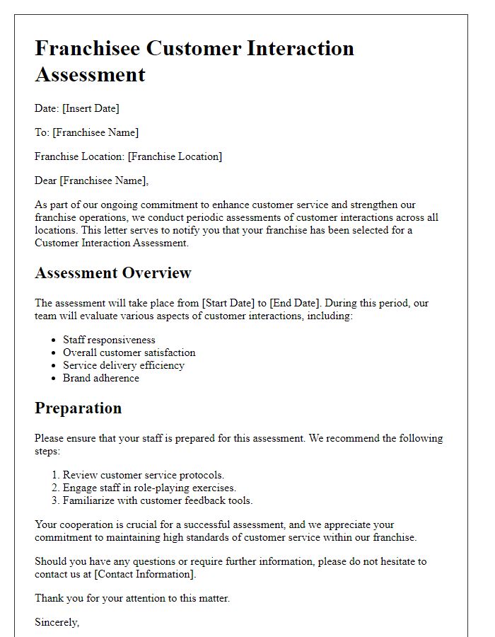 Letter template of Franchisee Customer Interaction Assessment