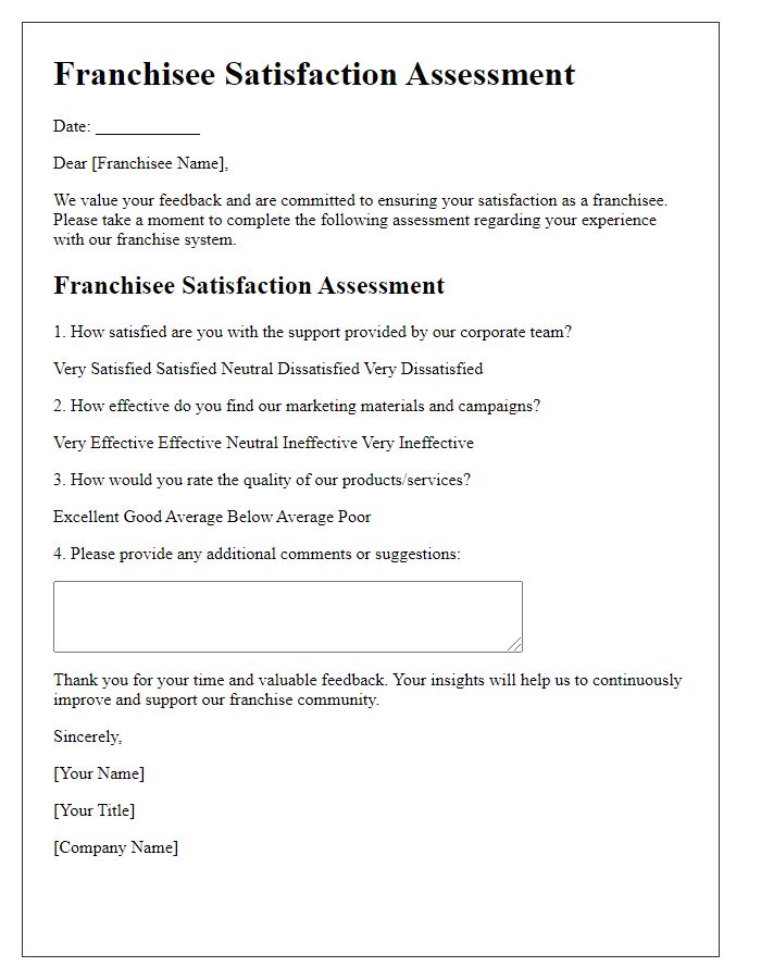 Letter template of Franchisee Satisfaction Assessment