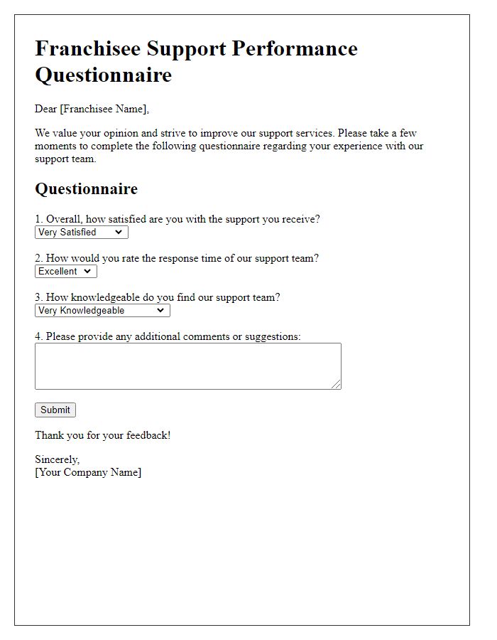 Letter template of Franchisee Support Performance Questionnaire