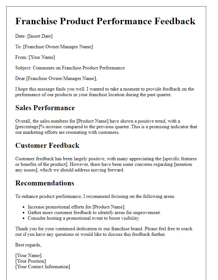 Letter template of comments on franchise product performance