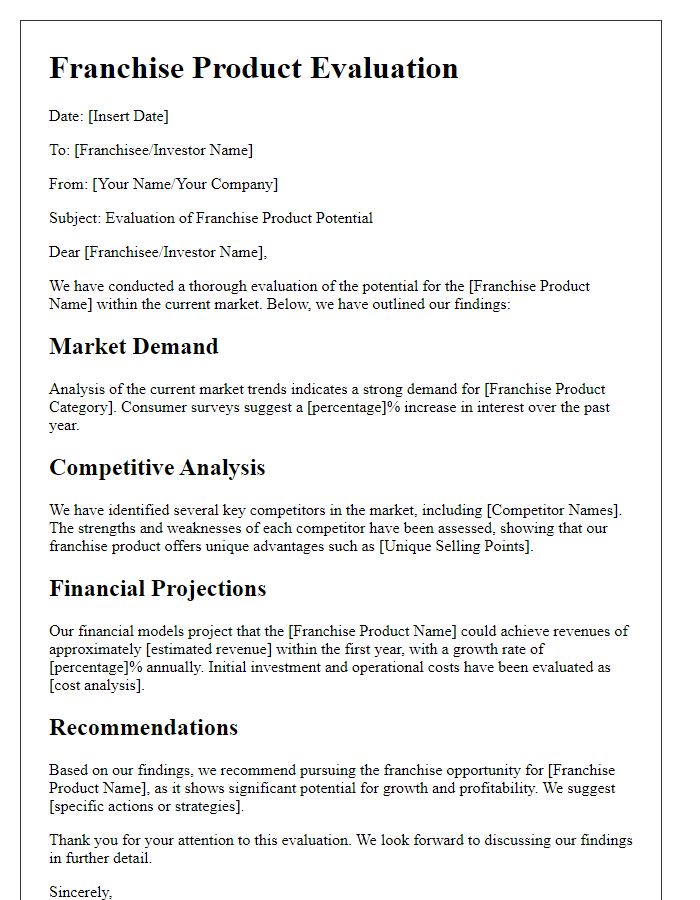 Letter template of evaluations for franchise product potential