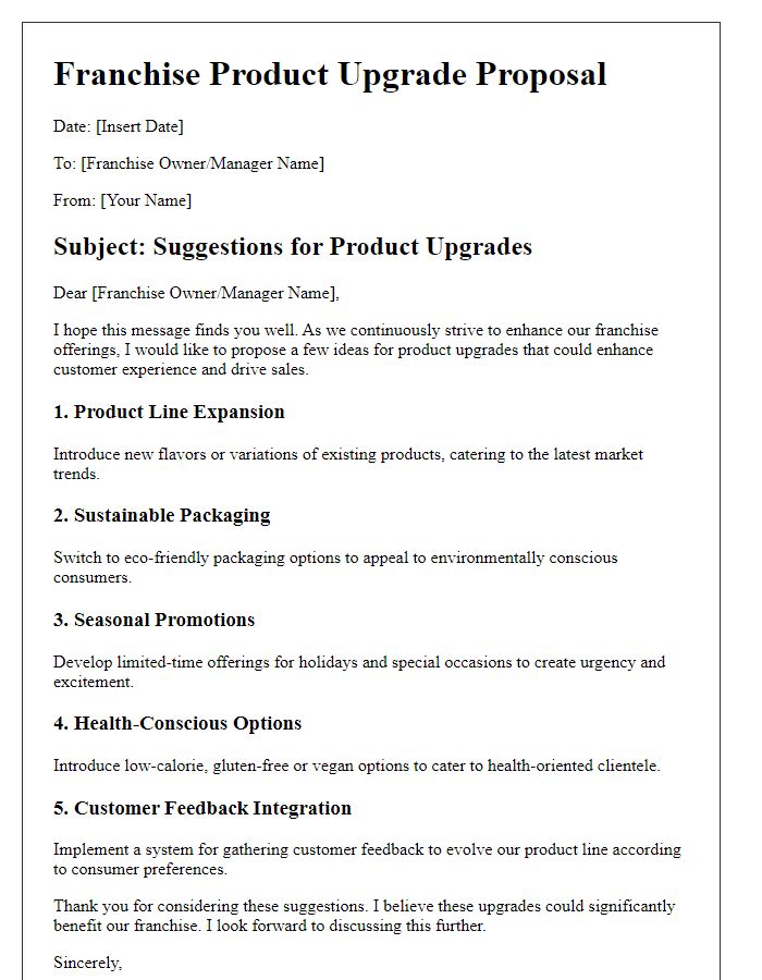 Letter template of ideas for franchise product upgrades