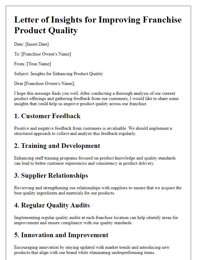 Letter template of insights for improving franchise product quality