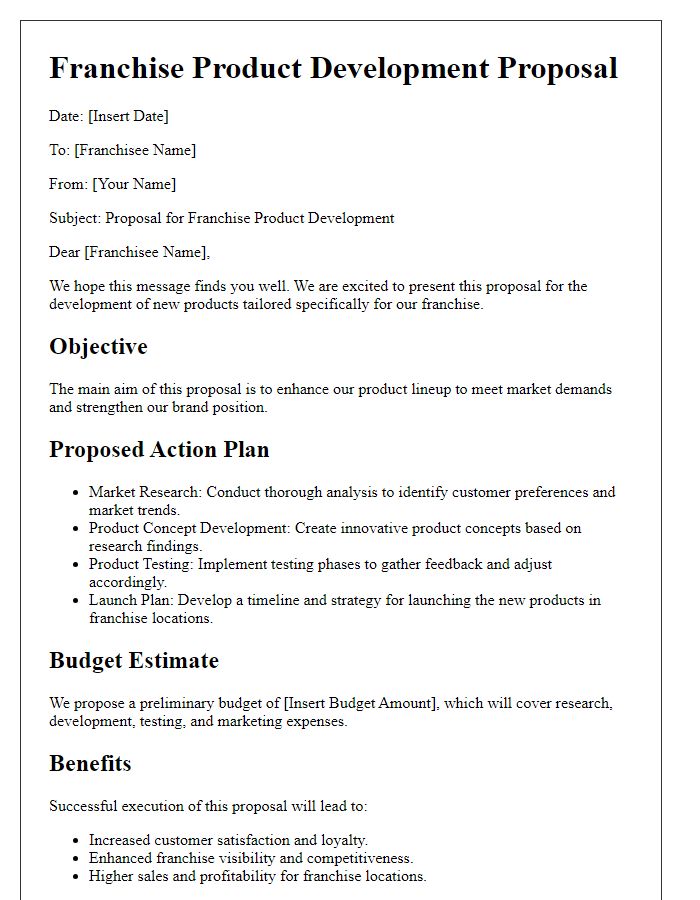 Letter template of proposals for franchise product development