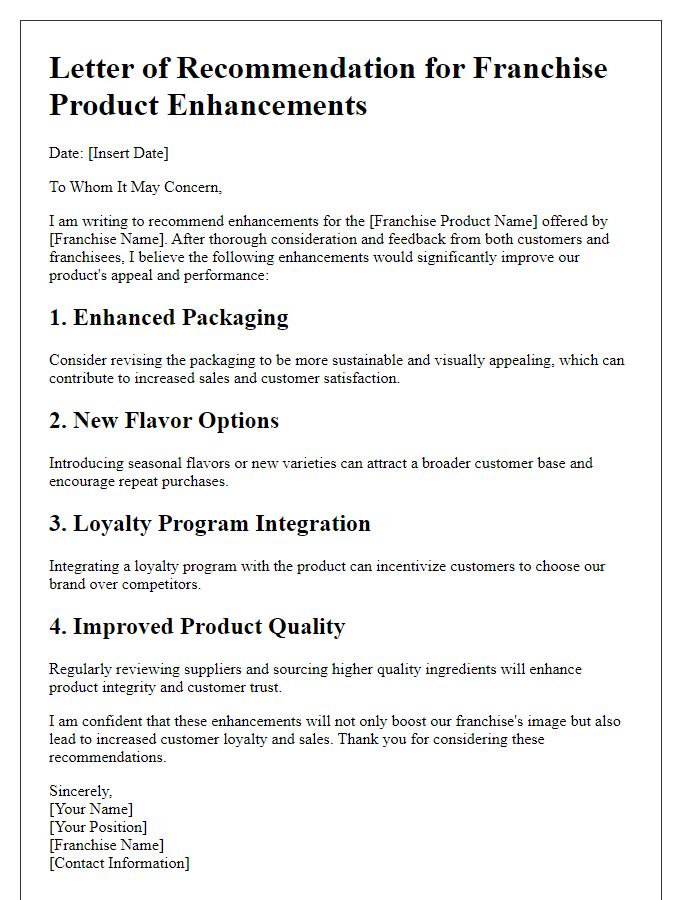 Letter template of recommendations for franchise product enhancements