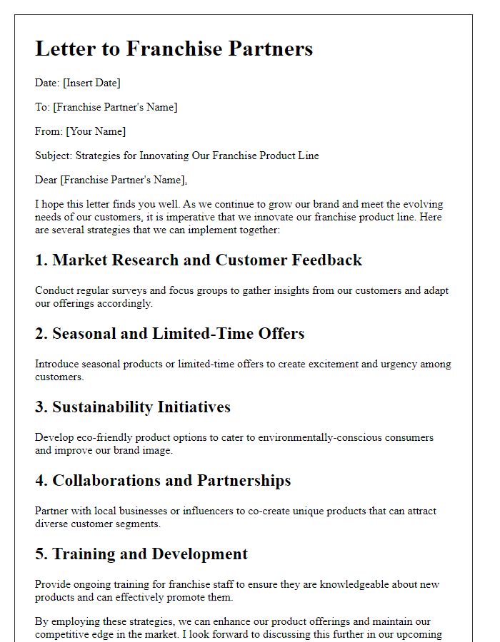 Letter template of strategies for innovating franchise product line