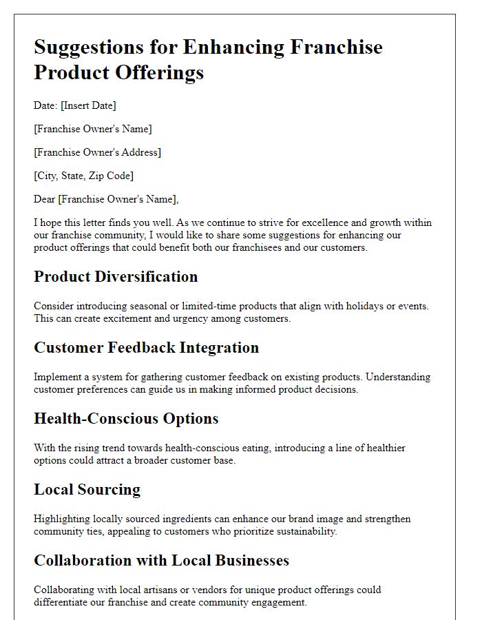 Letter template of suggestions for enhancing franchise product offerings