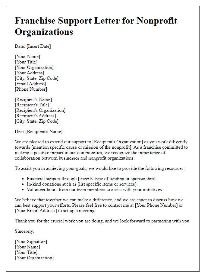 Letter template of franchise support for nonprofit organizations