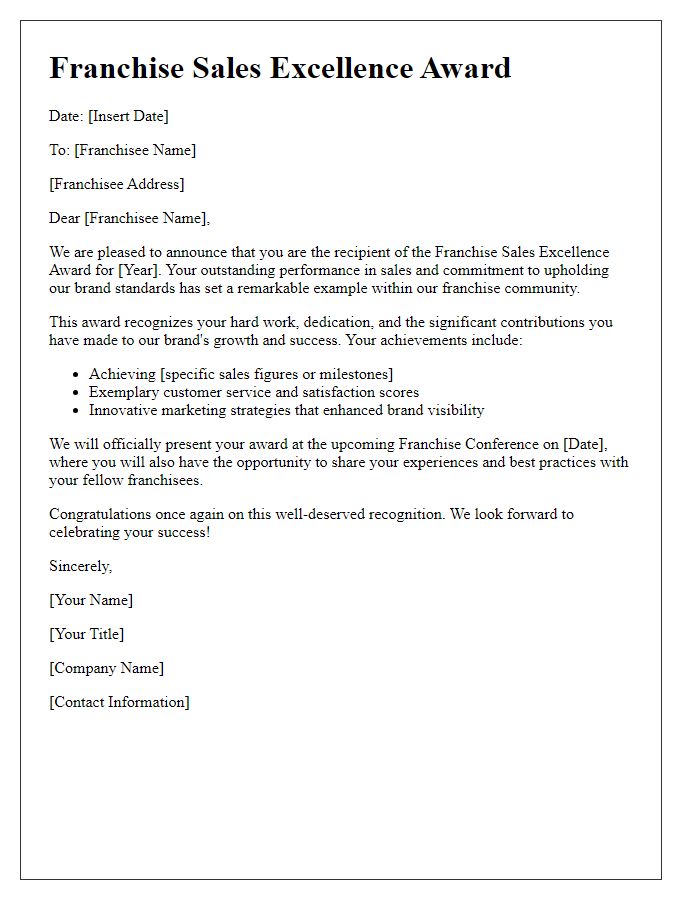 Letter template of Franchise Sales Excellence Award