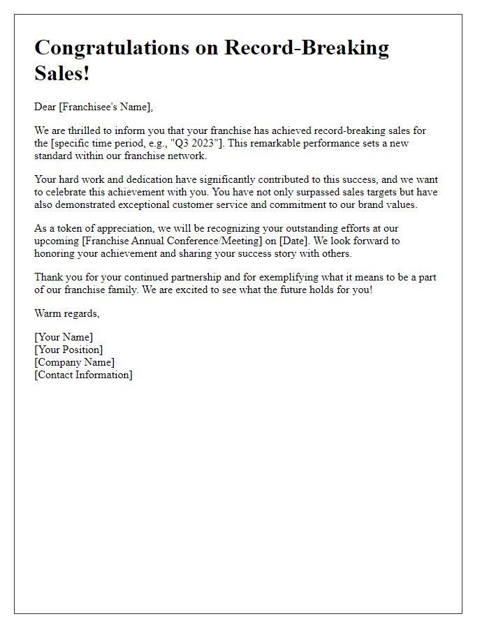 Letter template of Franchise Sales Record-breaking Performance