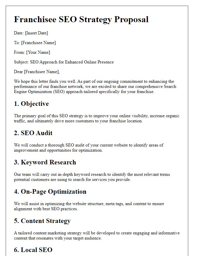 Letter template of franchisee search engine optimization (SEO) approach