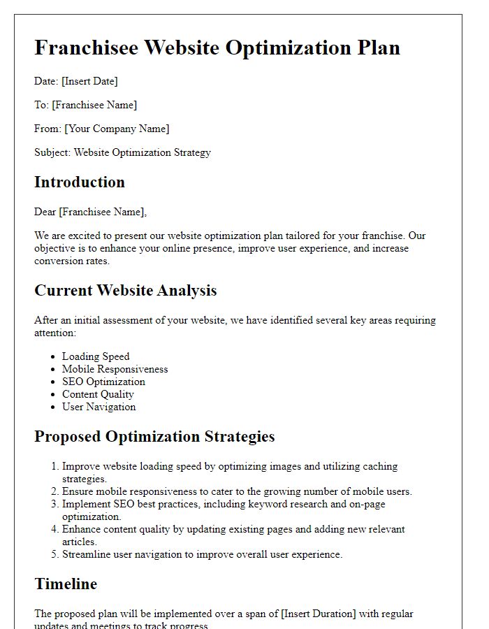 Letter template of franchisee website optimization plan