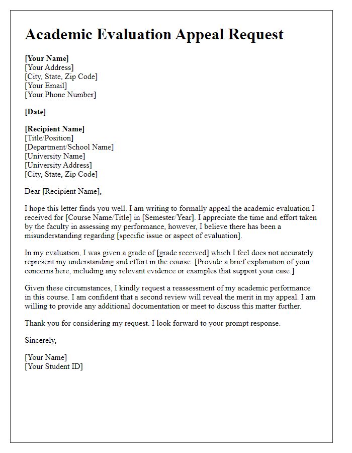 Letter template of academic evaluation appeal request