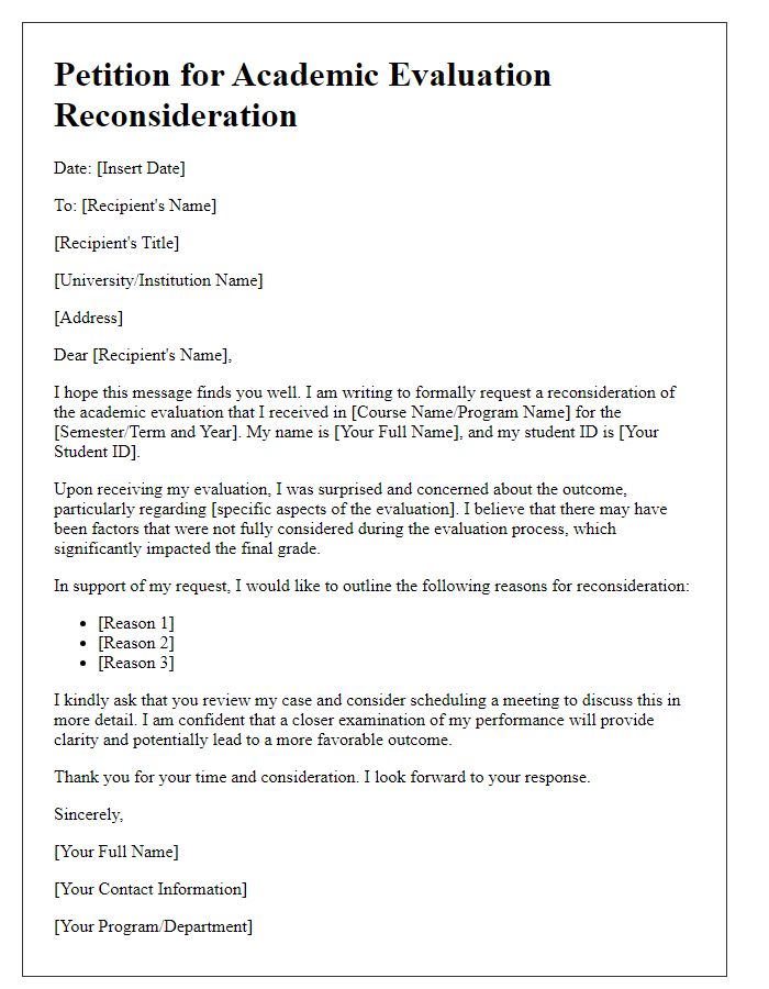 Letter template of petition for academic evaluation reconsideration