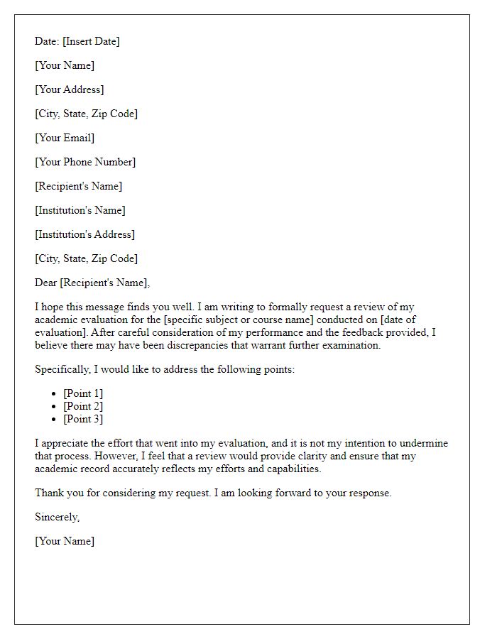 Letter template of requesting a review of academic evaluation