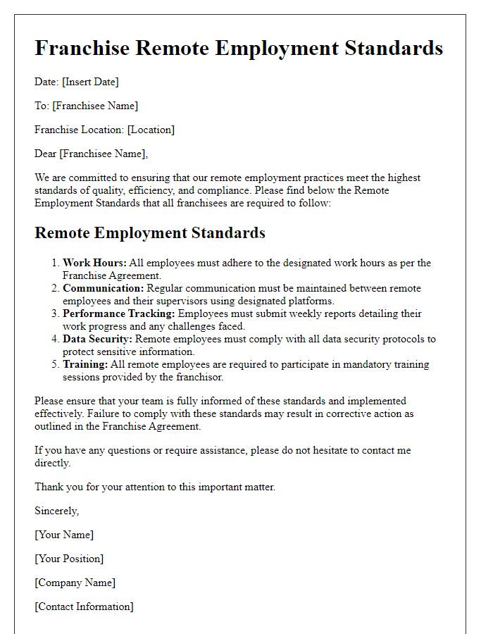 Letter template of Franchise Remote Employment Standards