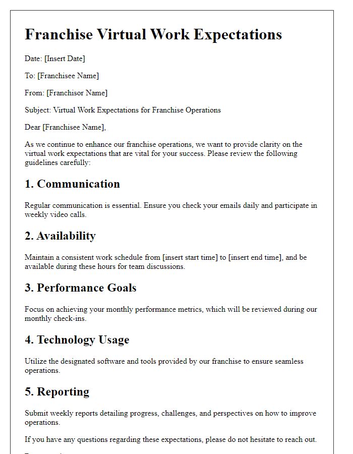 Letter template of Franchise Virtual Work Expectations