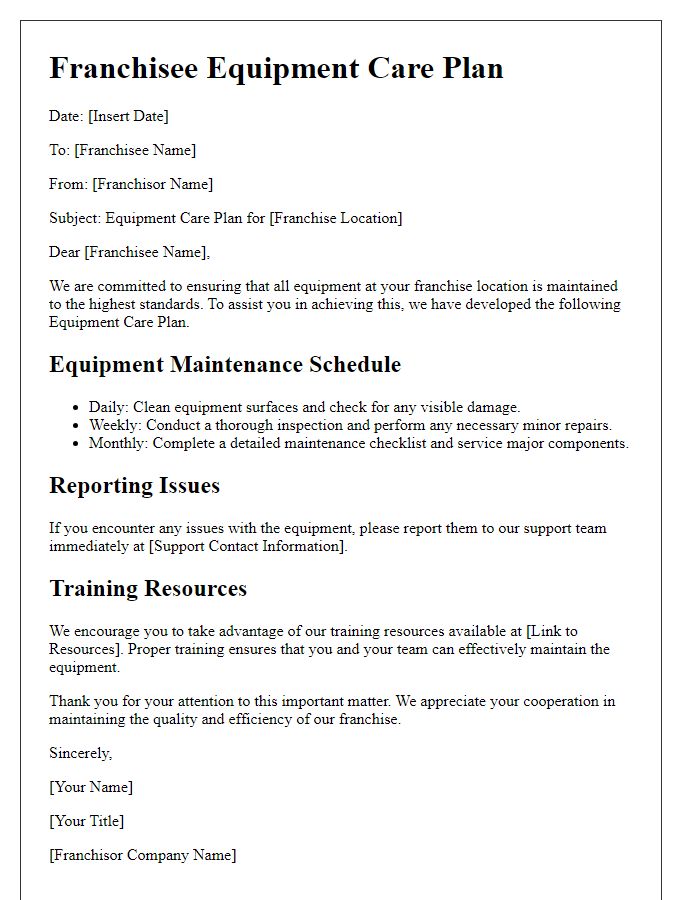 Letter template of Franchisee Equipment Care Plan