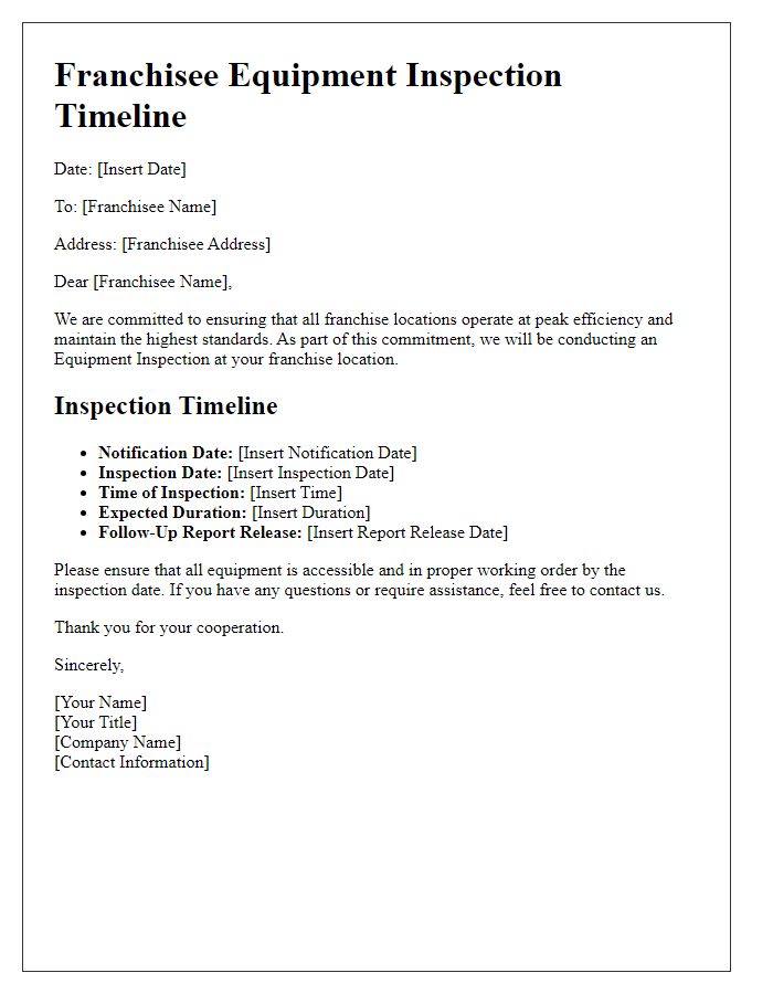 Letter template of Franchisee Equipment Inspection Timeline