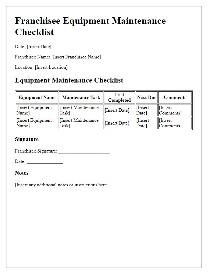 Letter template of Franchisee Equipment Maintenance Checklist