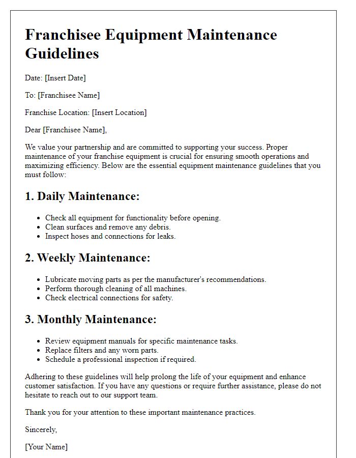 Letter template of Franchisee Equipment Maintenance Guidelines