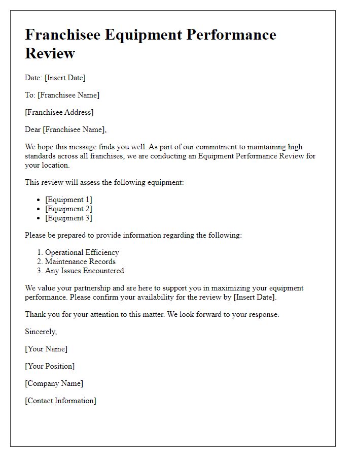 Letter template of Franchisee Equipment Performance Review