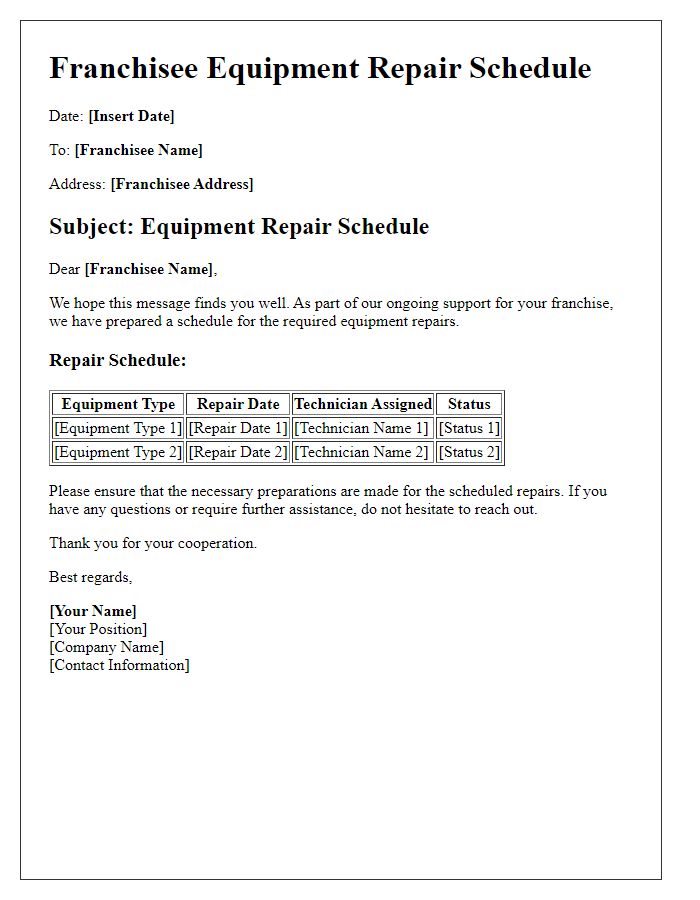 Letter template of Franchisee Equipment Repair Schedule