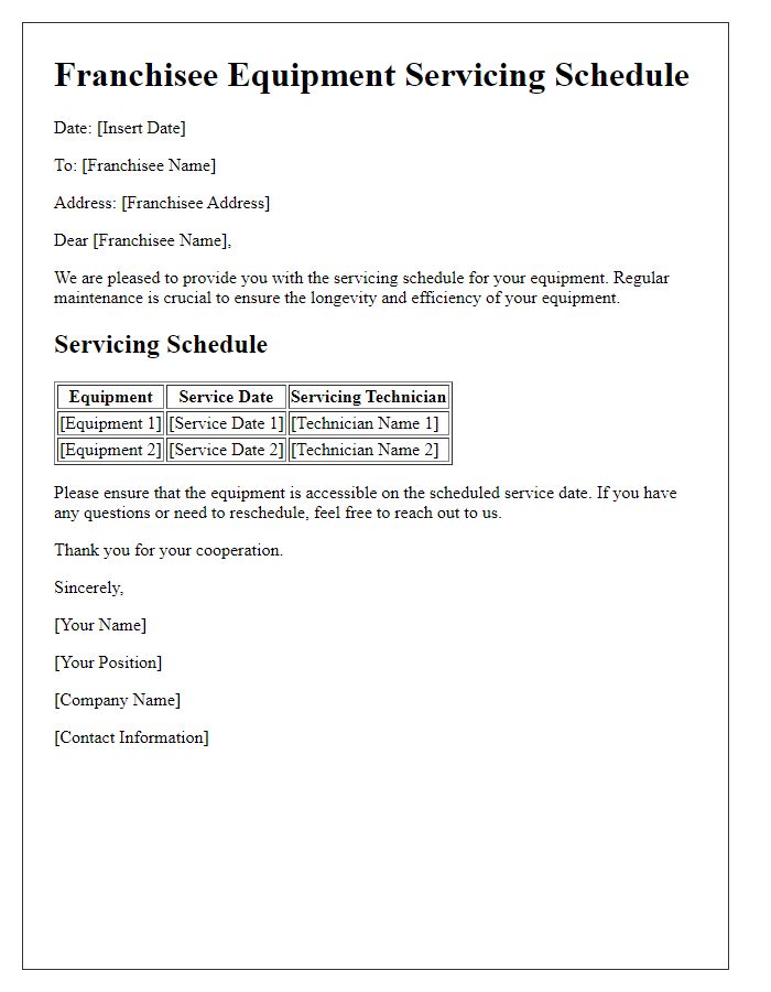 Letter template of Franchisee Equipment Servicing Schedule