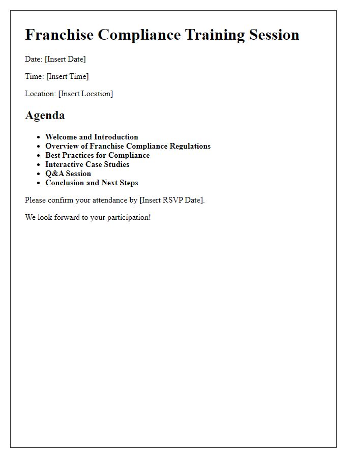 Letter template of agenda for franchise compliance training session