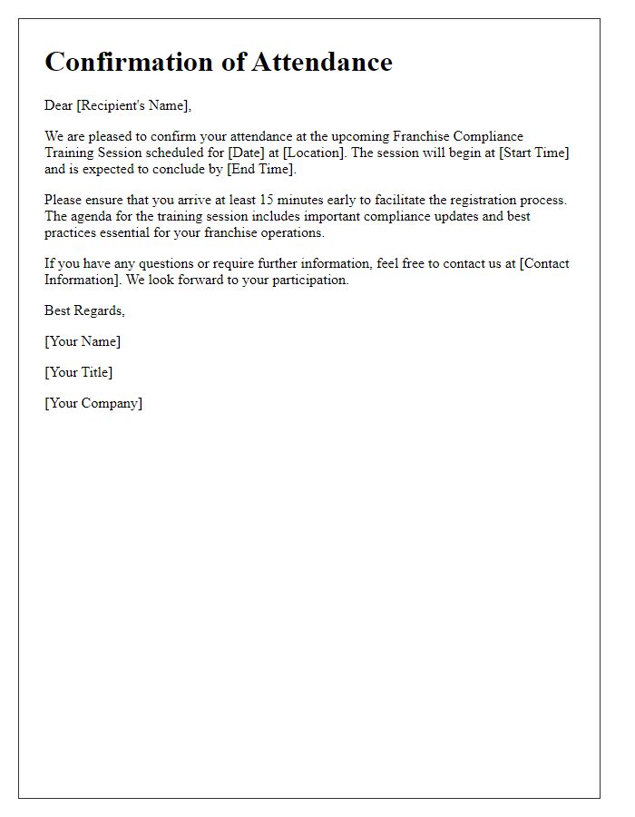 Letter template of confirmation for attendance at franchise compliance training session