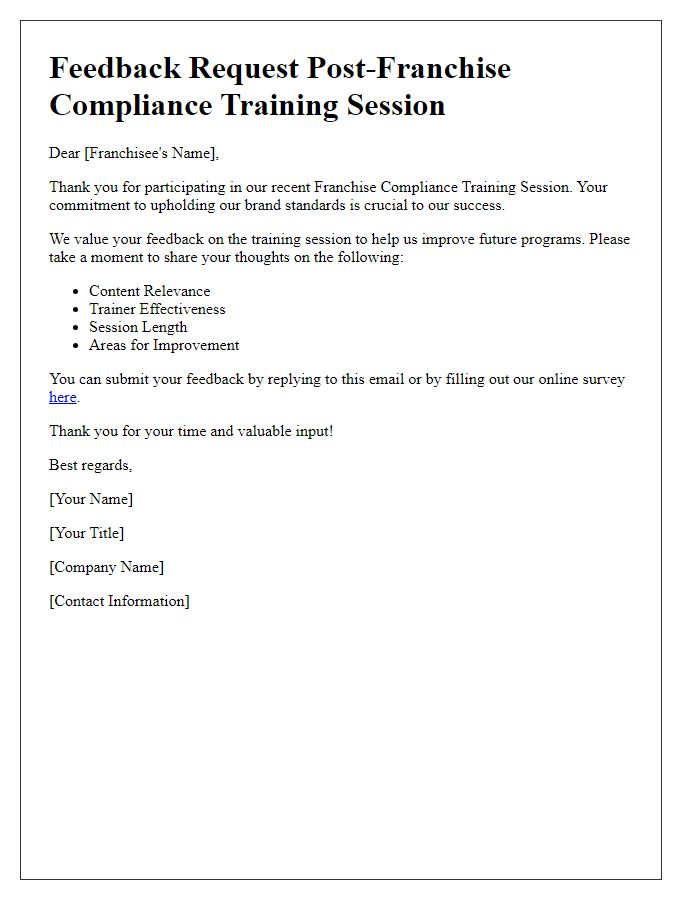 Letter template of feedback request post-franchise compliance training session