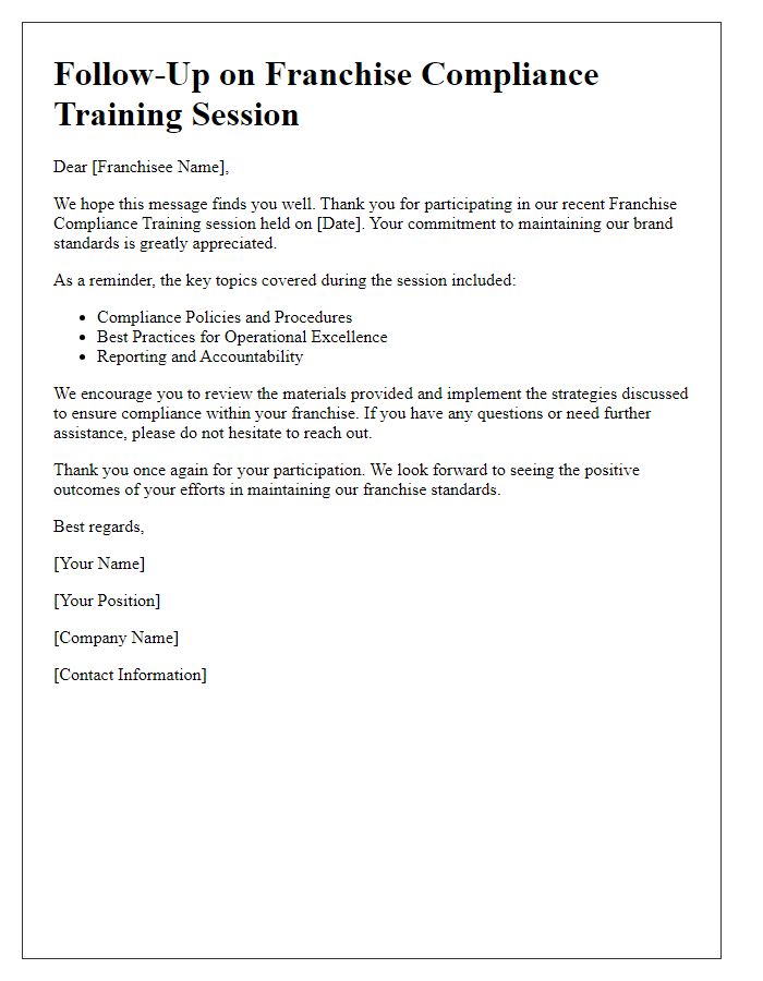 Letter template of follow-up for franchise compliance training session participation