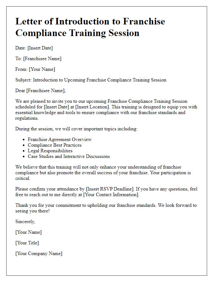 Letter template of introduction to franchise compliance training session