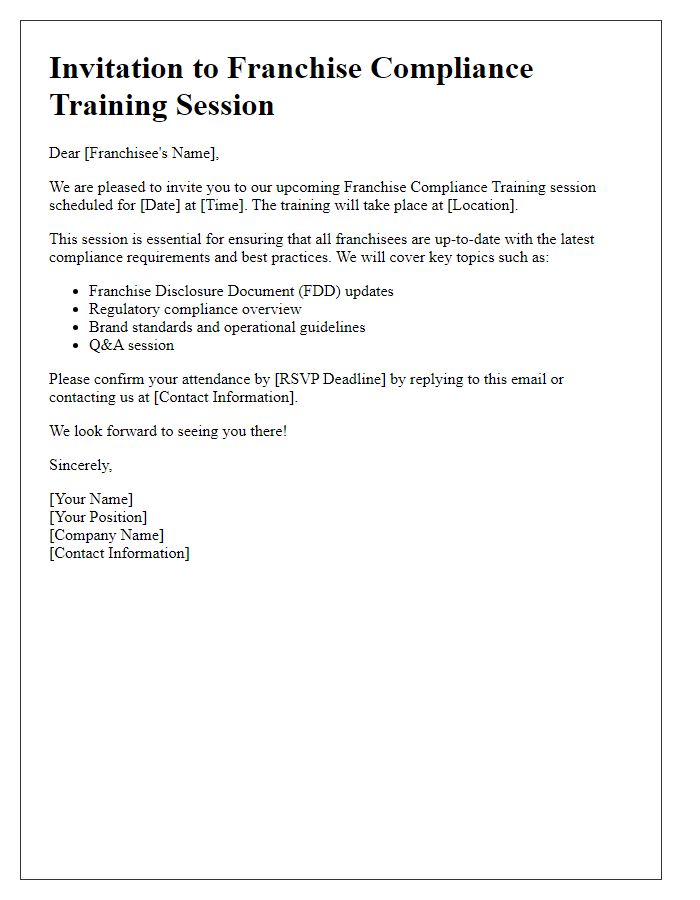 Letter template of invitation to franchise compliance training session