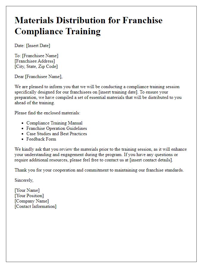 Letter template of materials distribution for franchise compliance training session