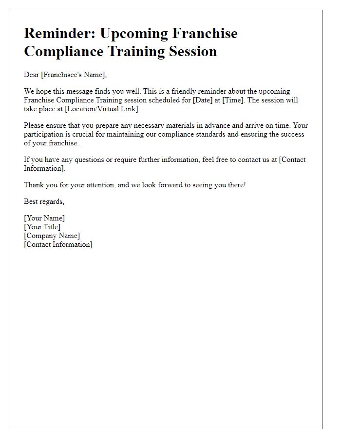 Letter template of reminder for upcoming franchise compliance training session